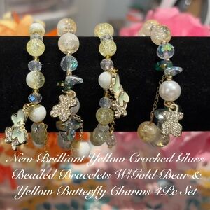Springtime Yellow Cracked Glass Beaded Bracelets W/Gold Butterfly & Bear Charms